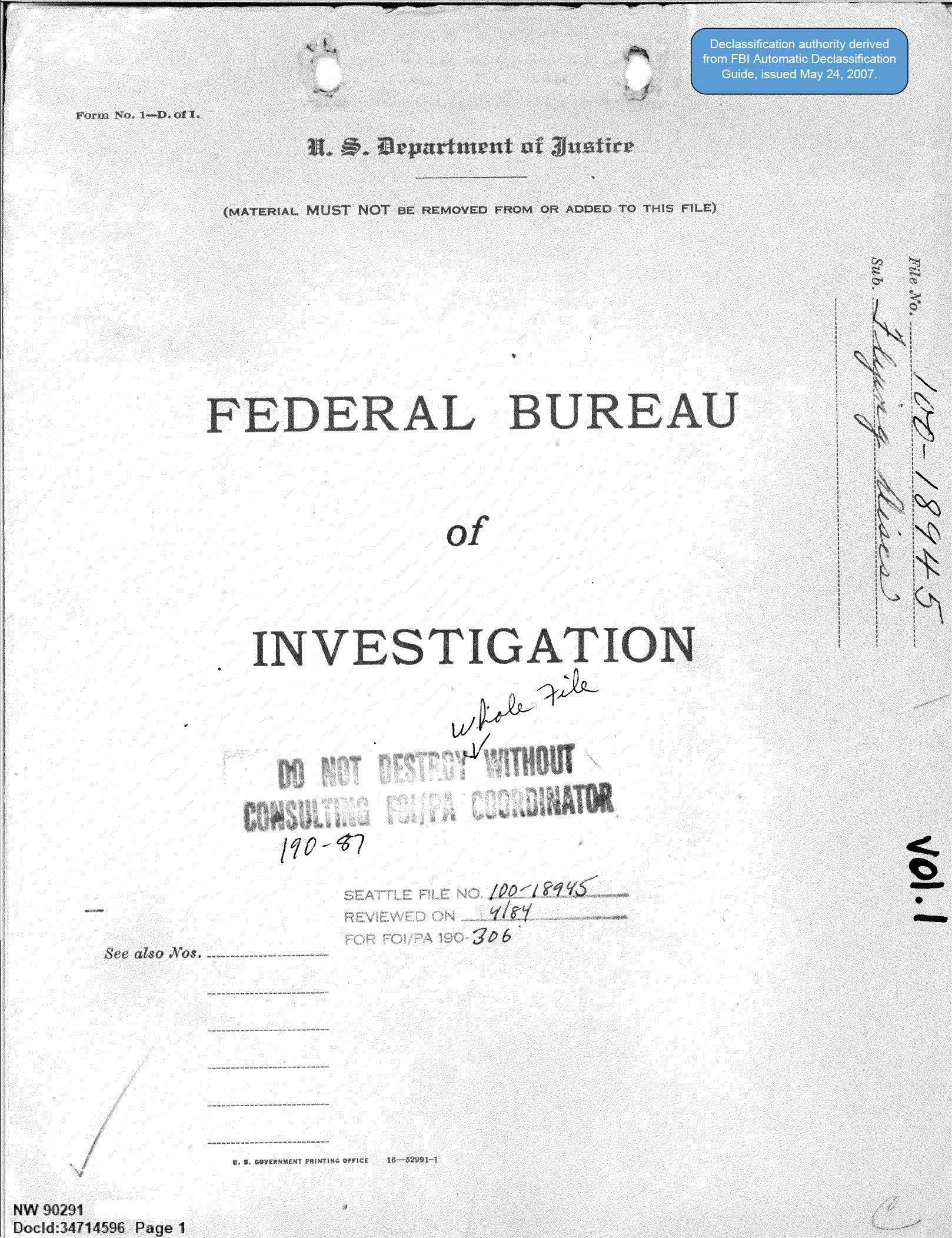 Okładka teczki FBI Seattle nr 100-18945 dotyczącej latających dysków, tom 1
