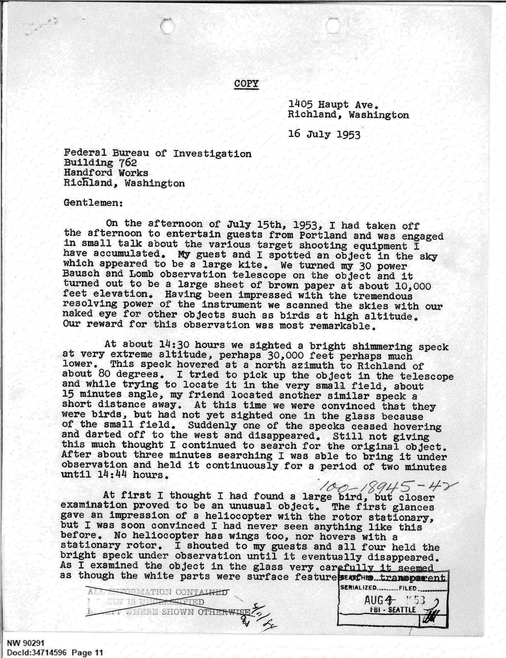 List inżyniera z Richland z 16 lipca 1953 do FBI przy zakładach Hanford