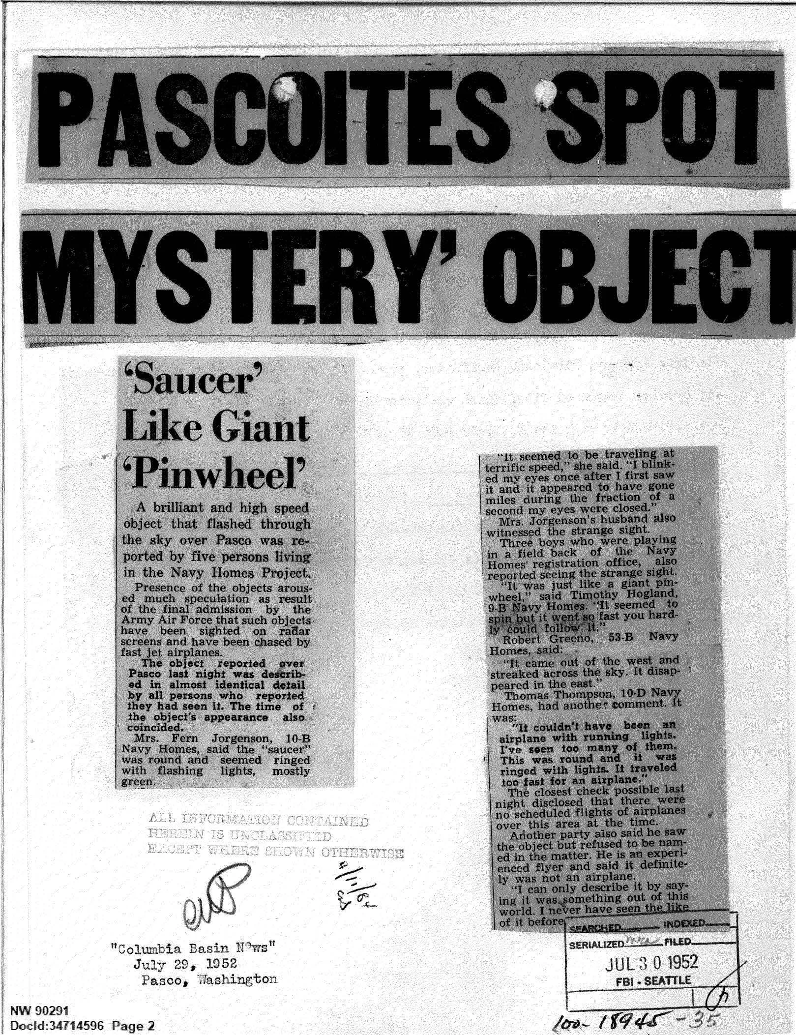 Wycinek prasowy Columbia Basin News z lipca 1952 o tajemniczym obiekcie nad Pasco