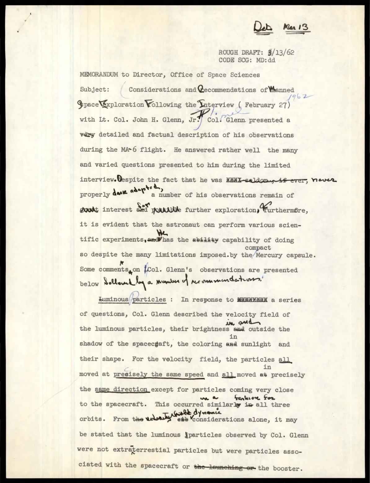 Brudnopis memorandum NASA z 13 marca 1962 z odręcznymi poprawkami