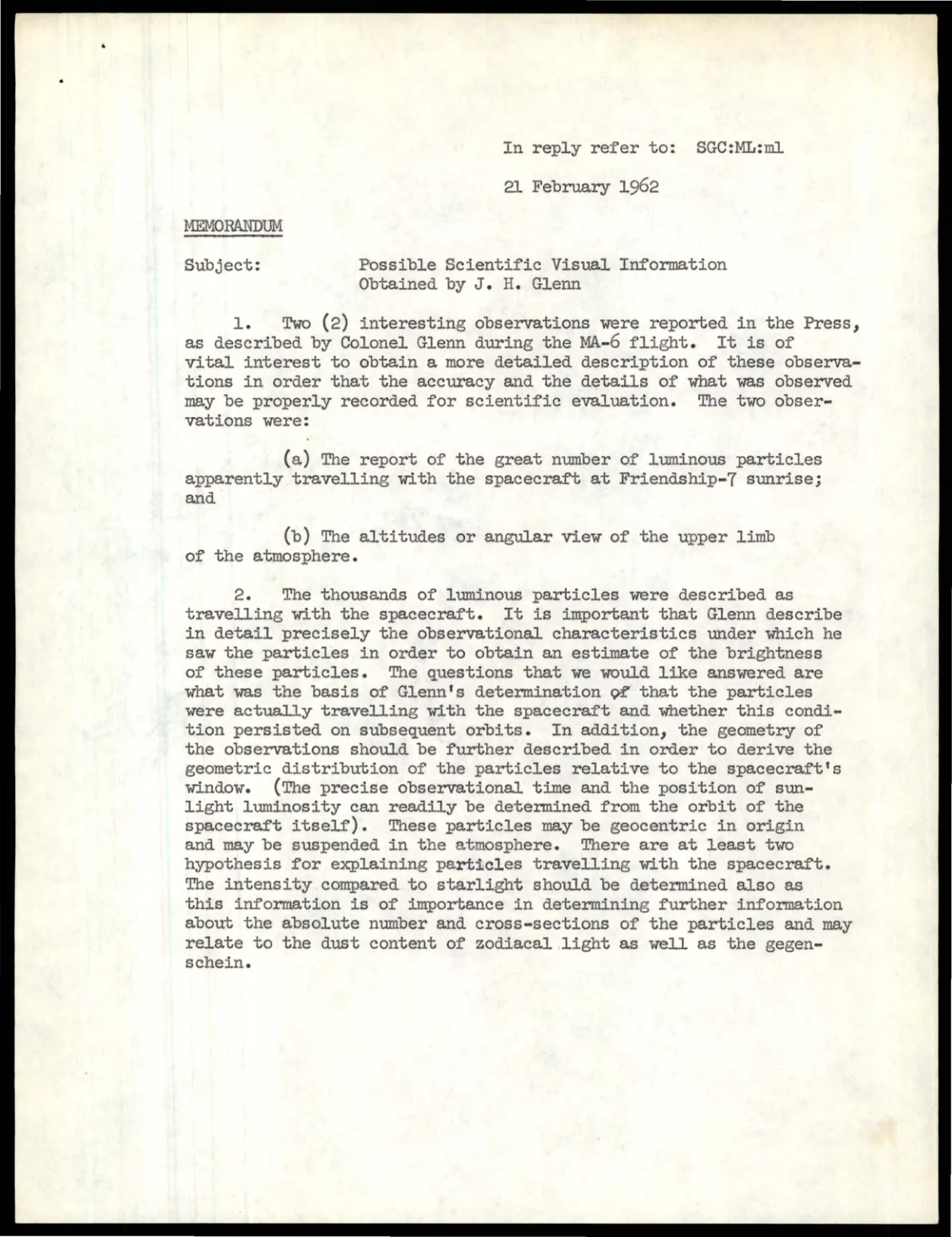 Memorandum Maurice'a Dubina z 21 lutego 1962 o obserwacjach Glenna