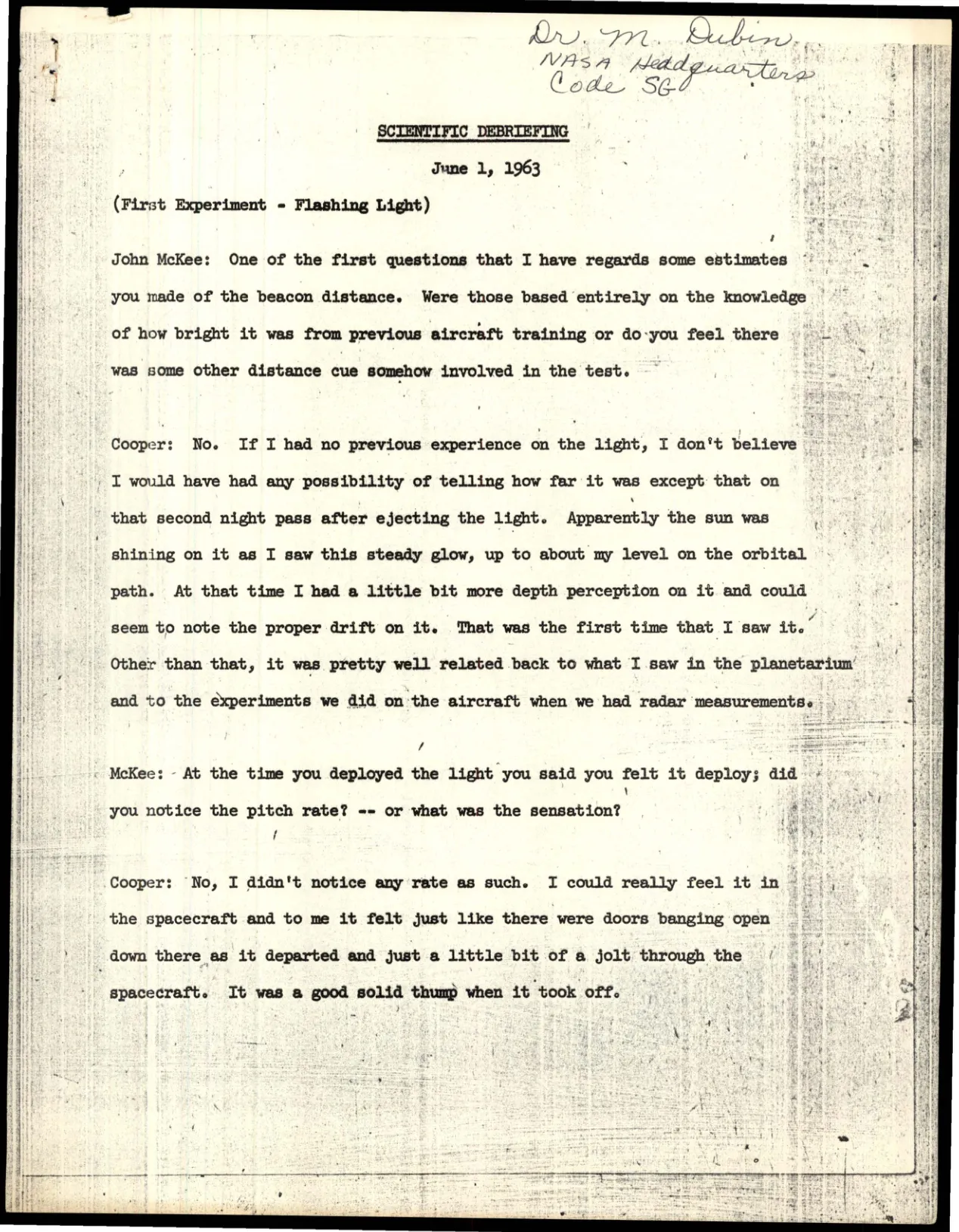 Pierwsza strona debriefingu Gordona Coopera z 1 czerwca 1963