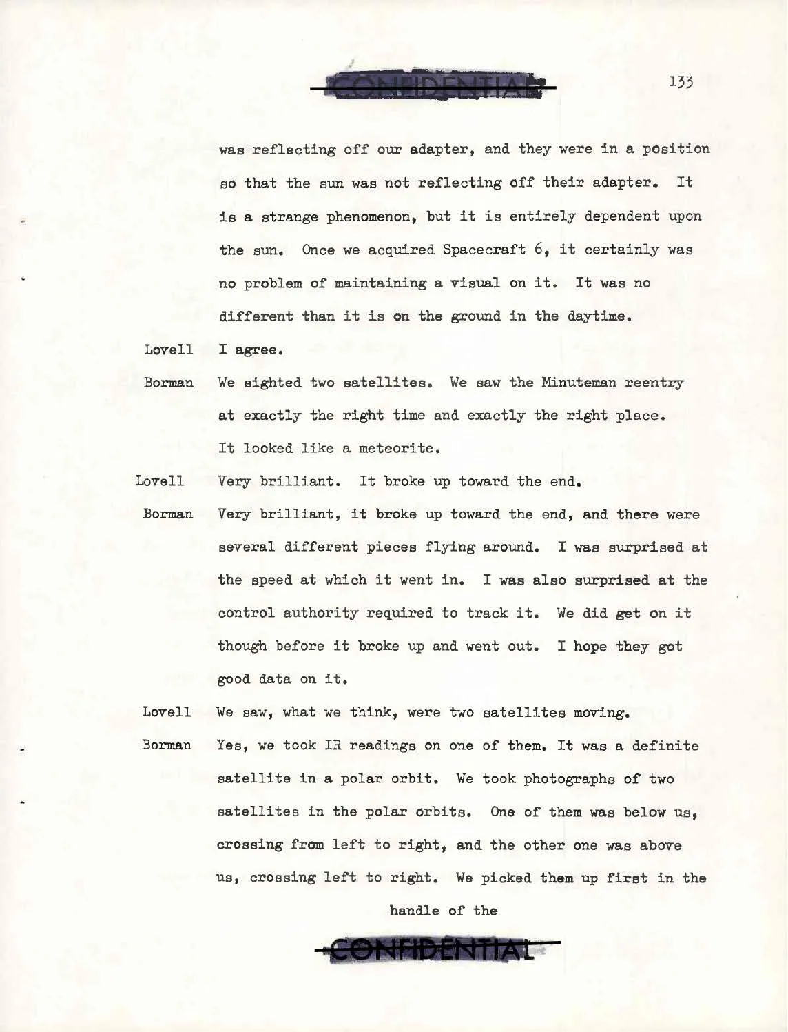 Strona 133 debriefingu Gemini 7 - relacja o dwóch satelitach na orbitach polarnych i wejściu głowicy Minuteman