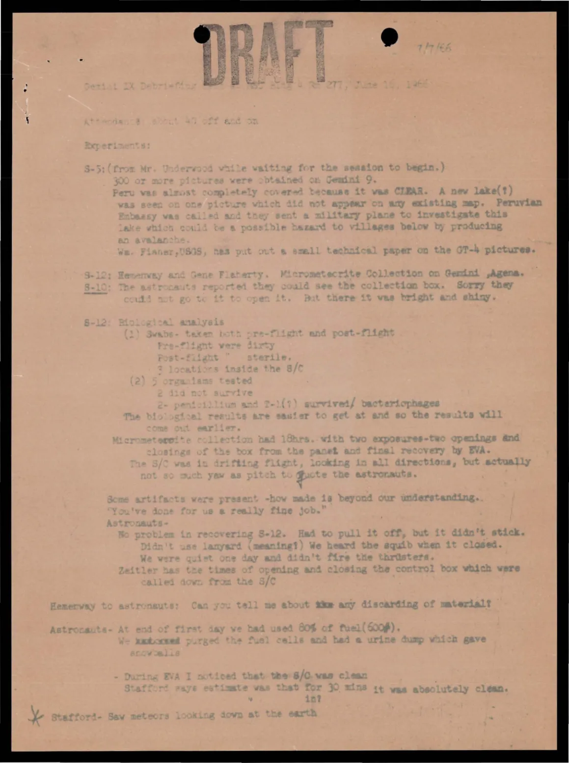 Pierwsza strona roboczych notatek z debriefingu Gemini IX z czerwca 1966