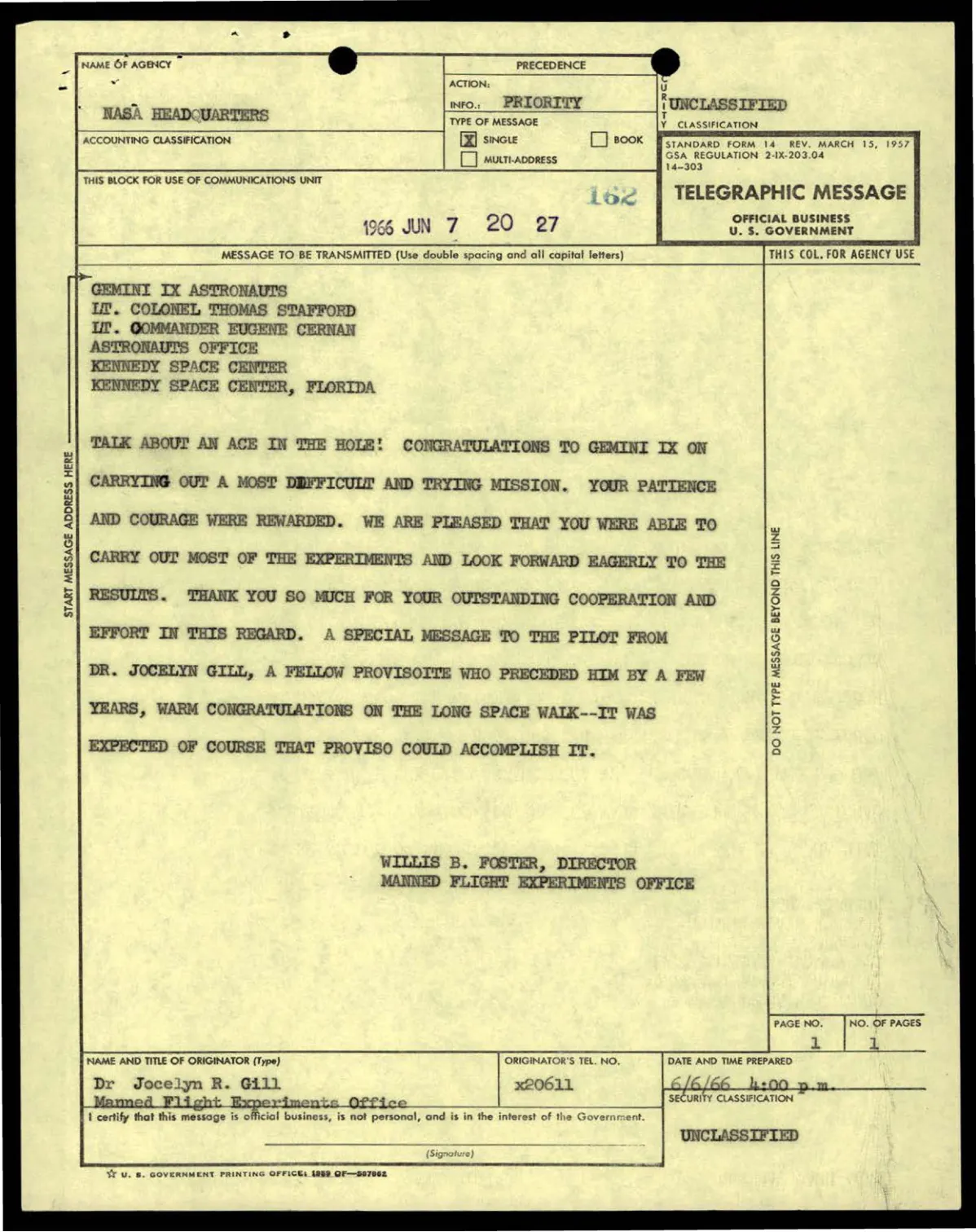 Telegram gratulacyjny NASA do załogi Gemini IX z czerwca 1966
