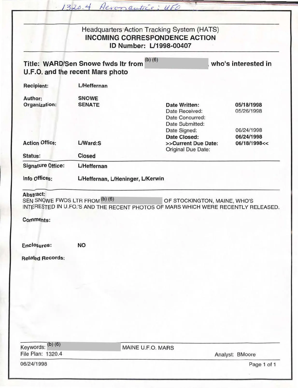 Karta HATS - sprawa L/1998-00407, senator Snowe przekazuje list wyborcy o UFO i zdjęciach Marsa