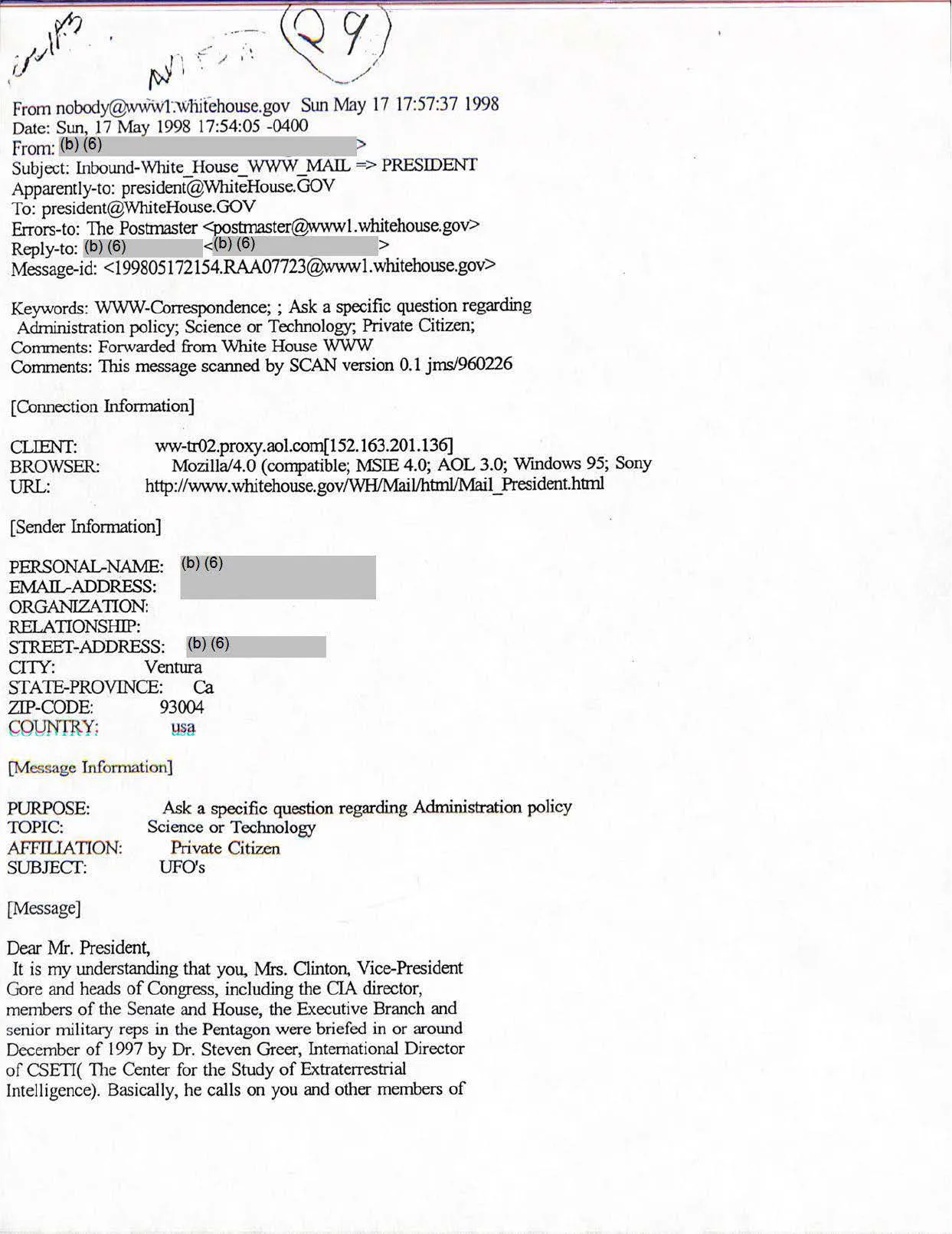 E-mail obywatela do prezydenta Clintona o briefingu Greera i przesłuchaniach kongresowych w sprawie UFO