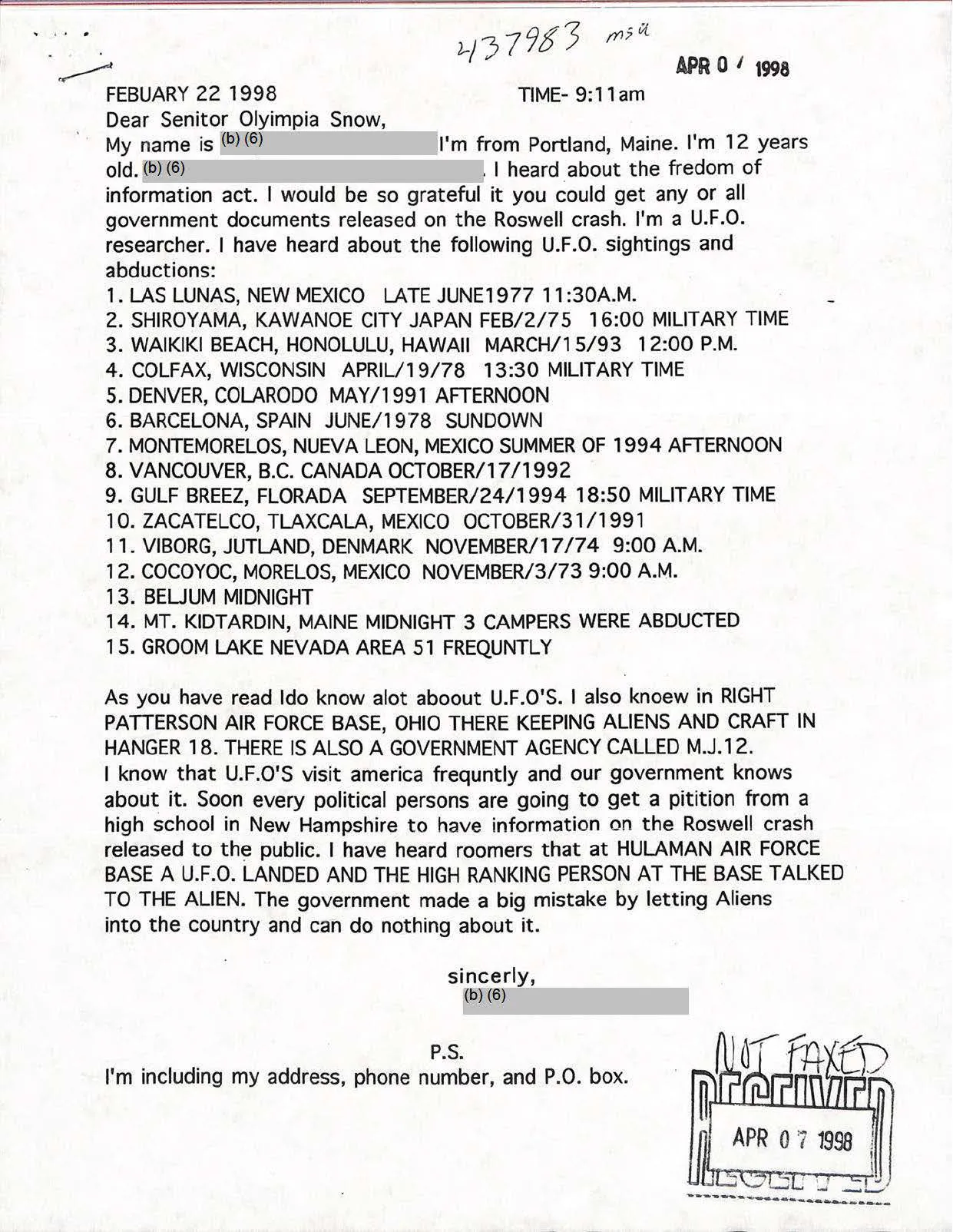 List dwunastoletniego chłopca z Maine do senator Snowe z listą obserwacji UFO i prośbą o akta Roswell