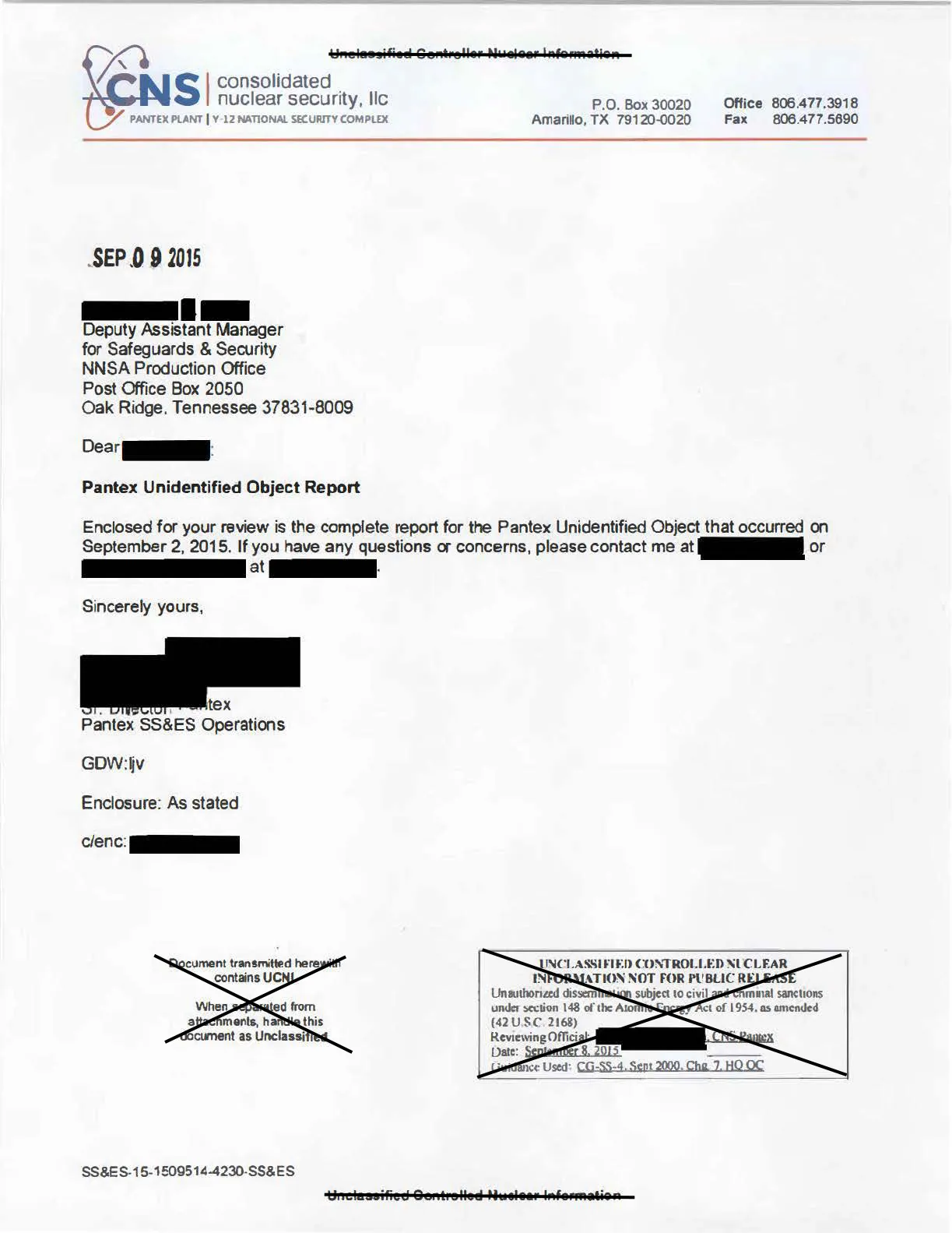 Strona tytułowa raportu Pantex Unidentified Object Incident Report z oznaczeniem UCNI