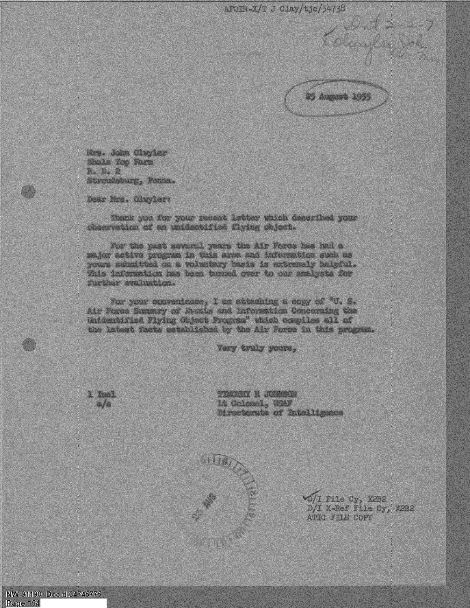 Kolejna strona zbioru korespondencji Projektu Blue Book z 1955 roku