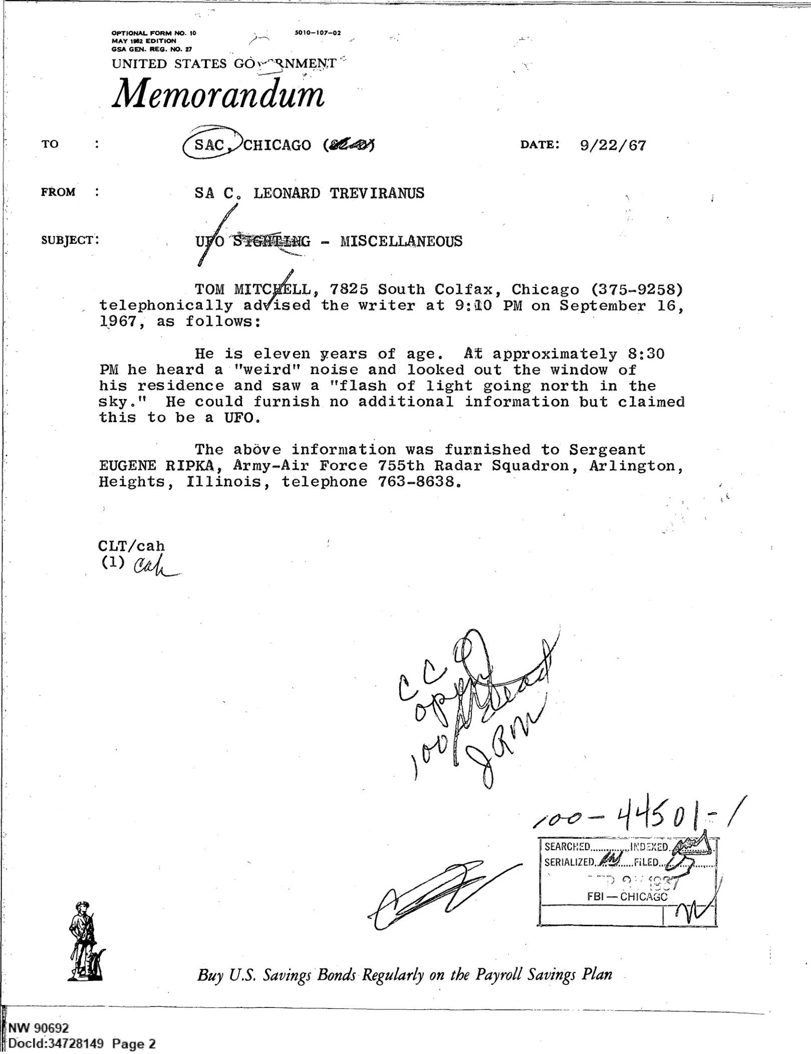 Notatka FBI z Chicago z 22 września 1967 r.