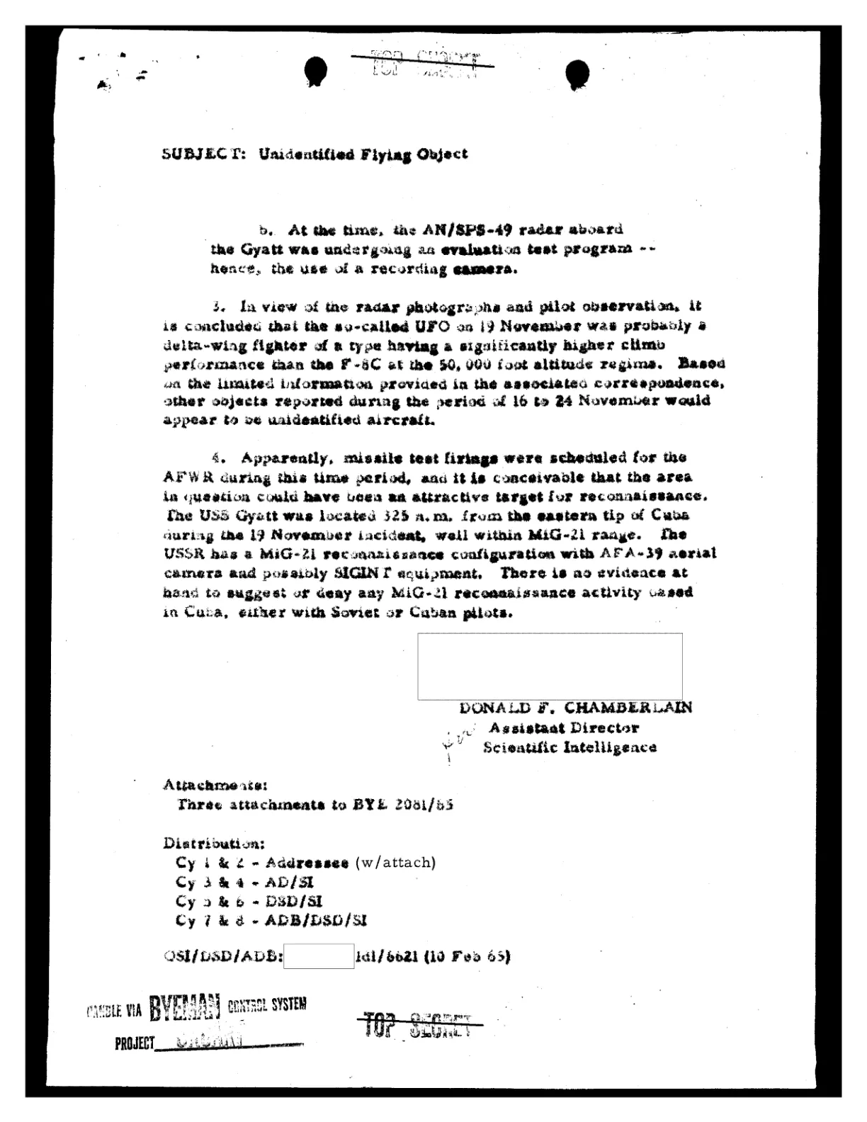 Wnioski analizy radarowej AD/SI z lutego 1965 z podpisem Donalda F. Chamberlaina