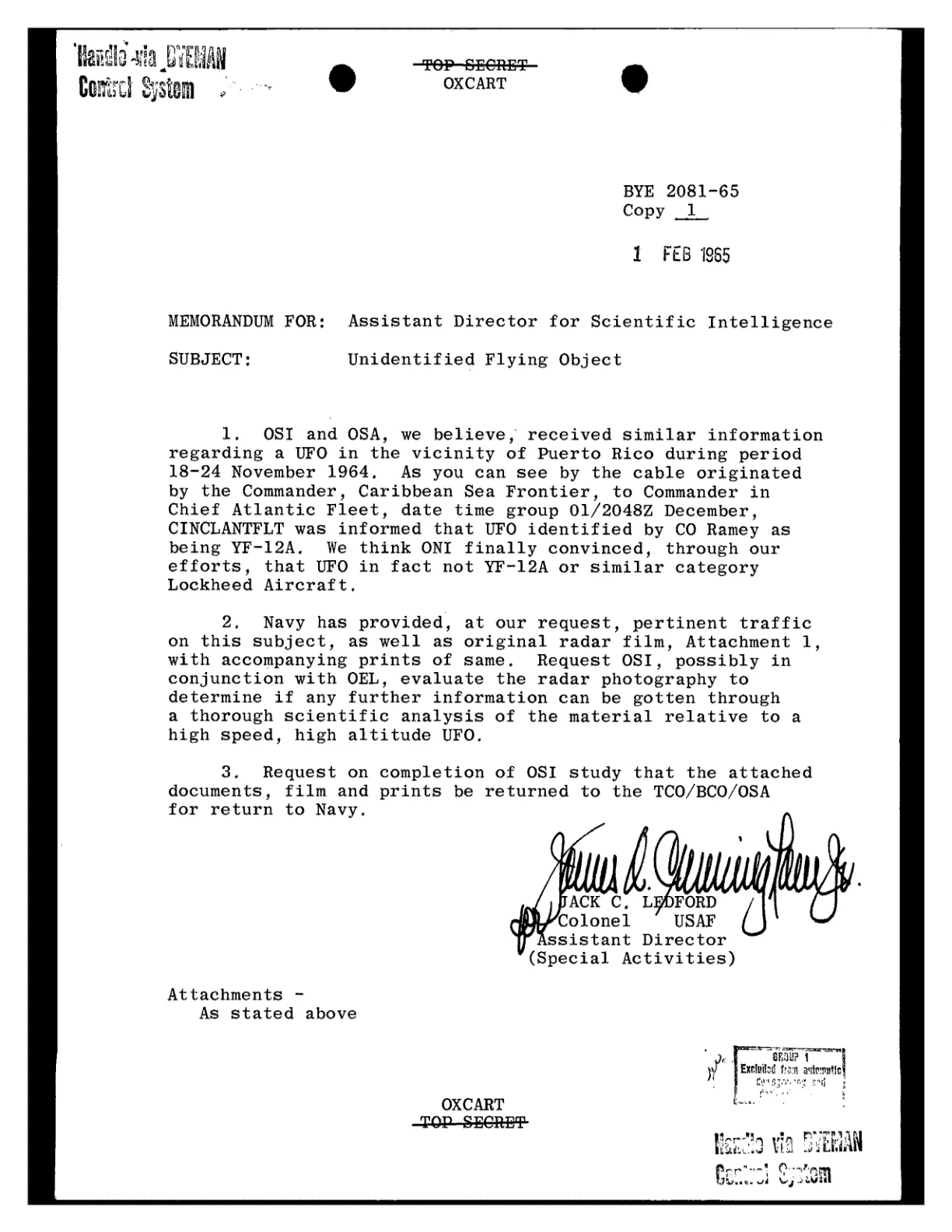 Memorandum OSA do AD/SI z 1 lutego 1965 w sprawie UFO koło Portoryko