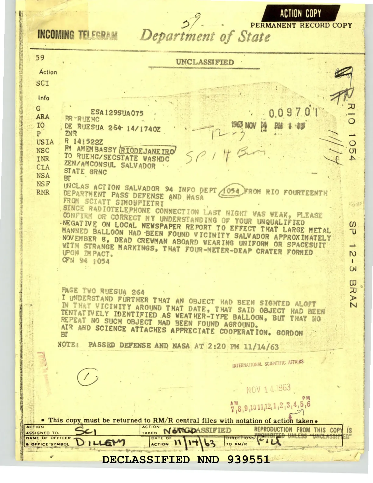 Depesza ambasady USA w Rio de Janeiro z 14 listopada 1963 roku do konsulatu w Salvadorze w sprawie doniesień o metalowym obiekcie