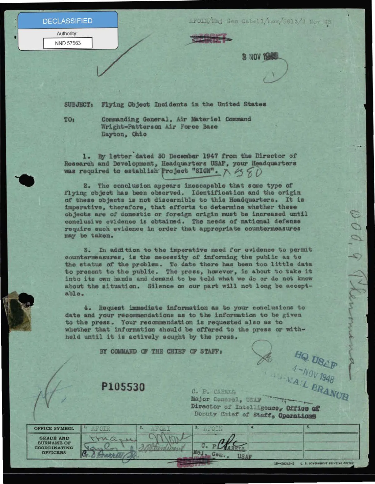 Pismo Kwatery Głównej USAF z 3 listopada 1948 roku