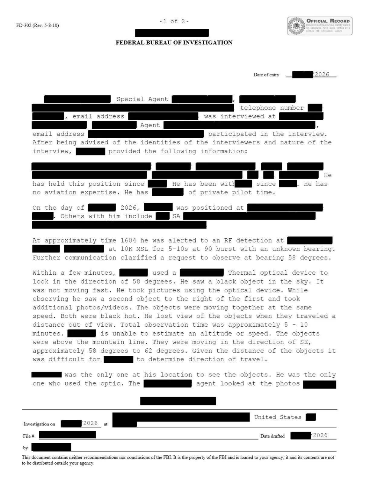 Pierwsza strona formularza FD-302 FBI z 2026 roku o dwóch wolno poruszających się obiektach