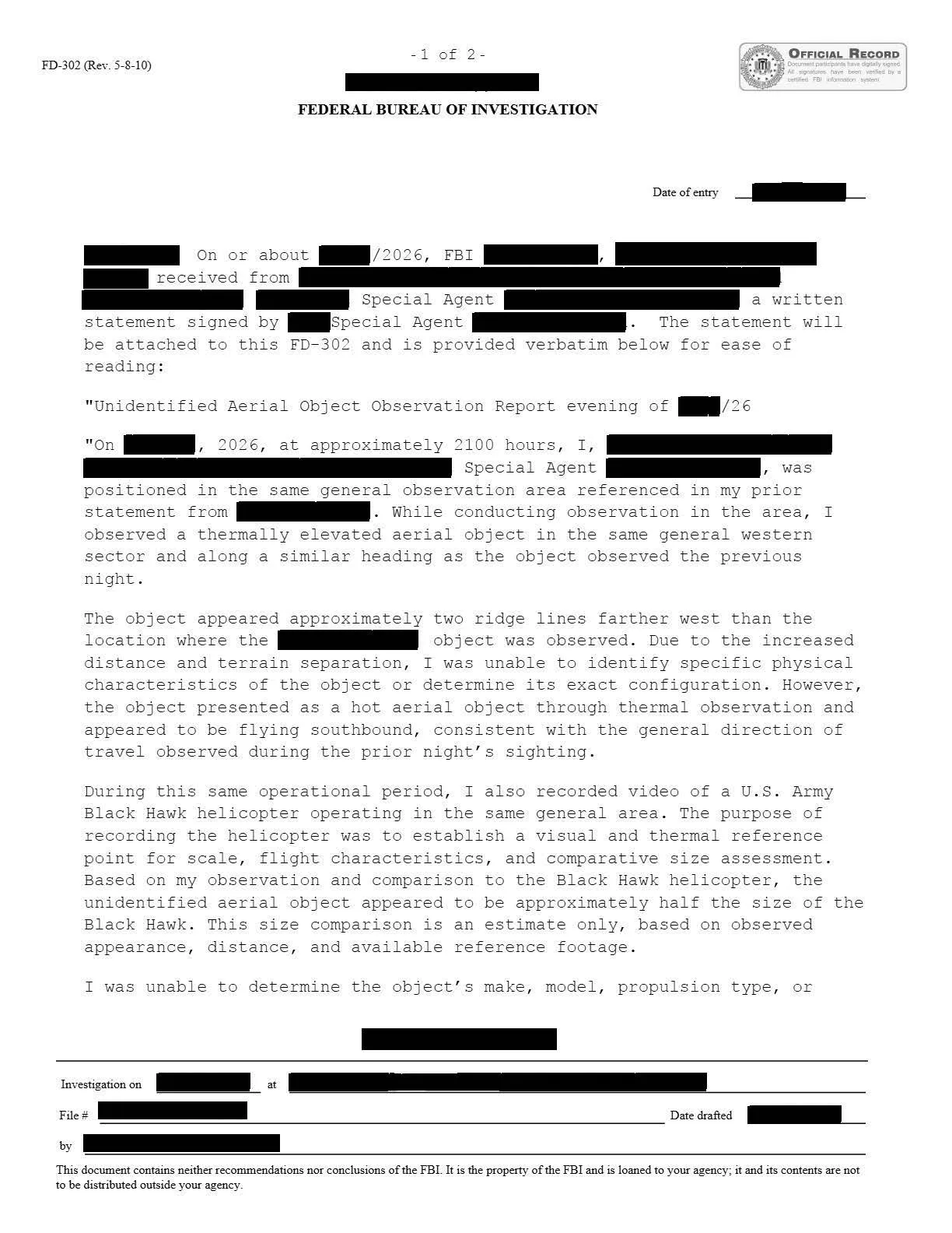 Pierwsza strona protokołu FD-302 z 2026 roku z oświadczeniem agenta specjalnego o termicznie rozgrzanym obiekcie powietrznym
