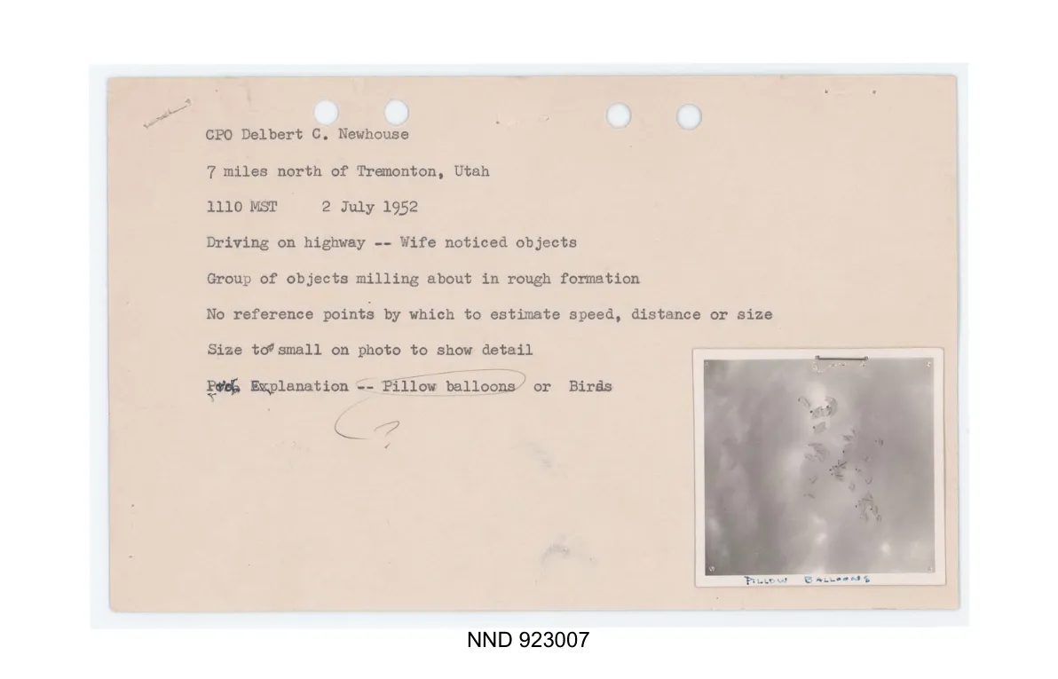 Karta streszczenia obserwacji z teczki fotograficznej Blue Book