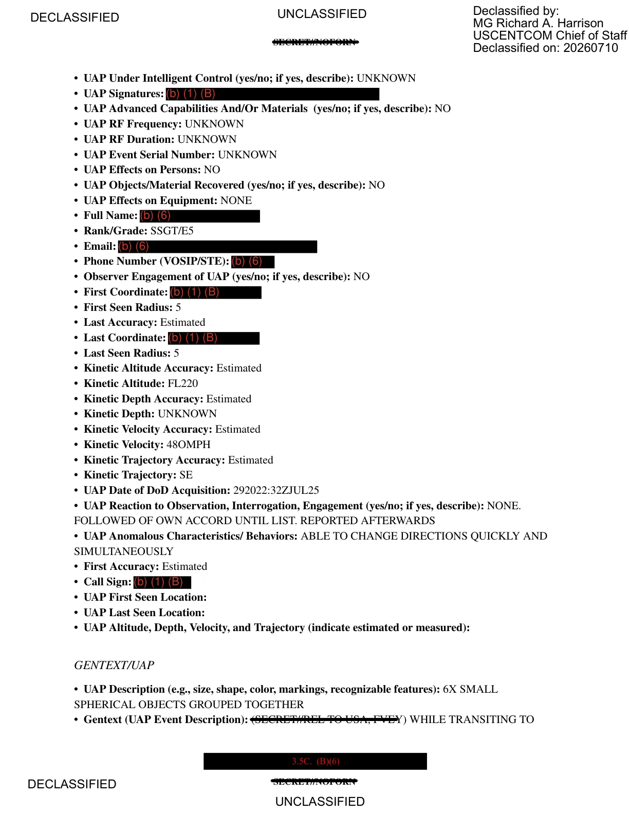 Sekcja UAP formularza MISREP z opisem sześciu kulistych obiektów