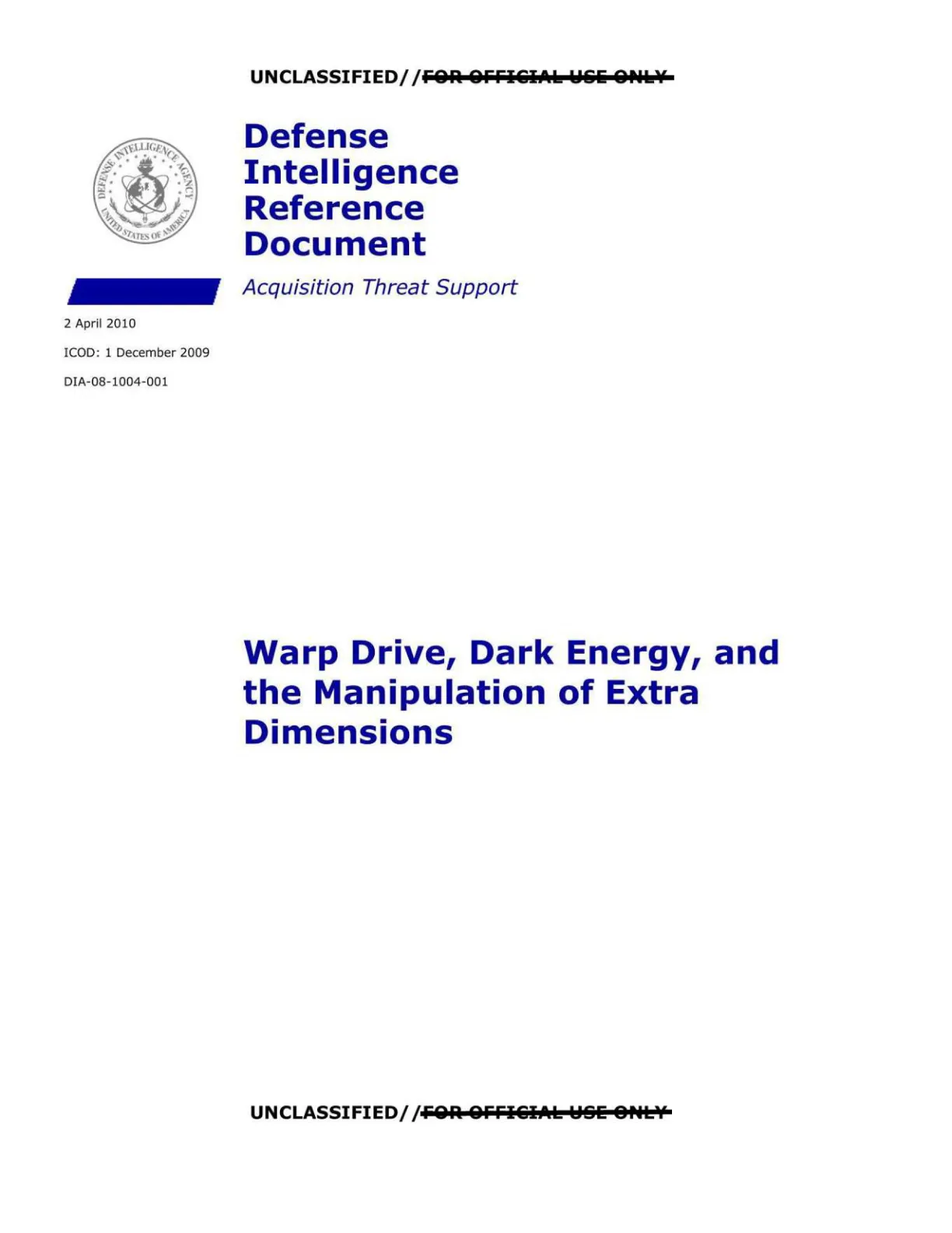 Okładka raportu DIRD o napędzie warp i ciemnej energii, 2010