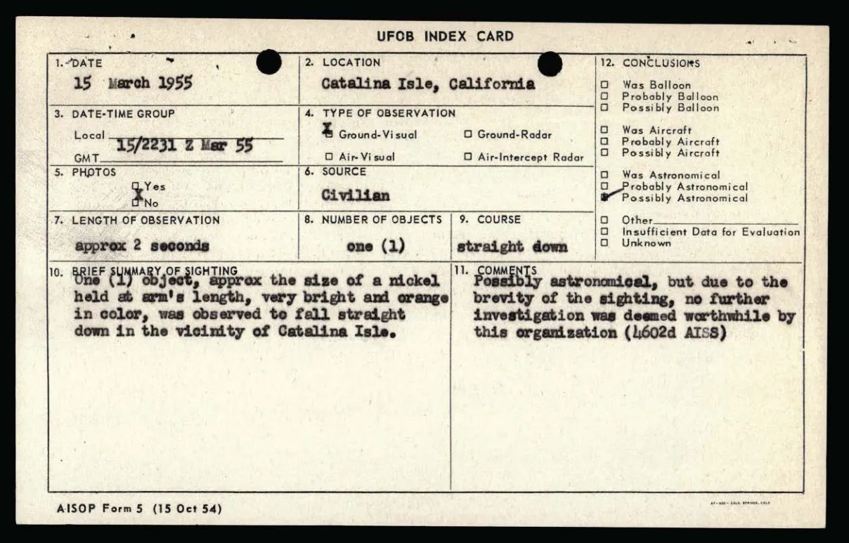 Karta UFOB Index Card ze zgłoszenia z Avalon na Catalinie, 15 marca 1955