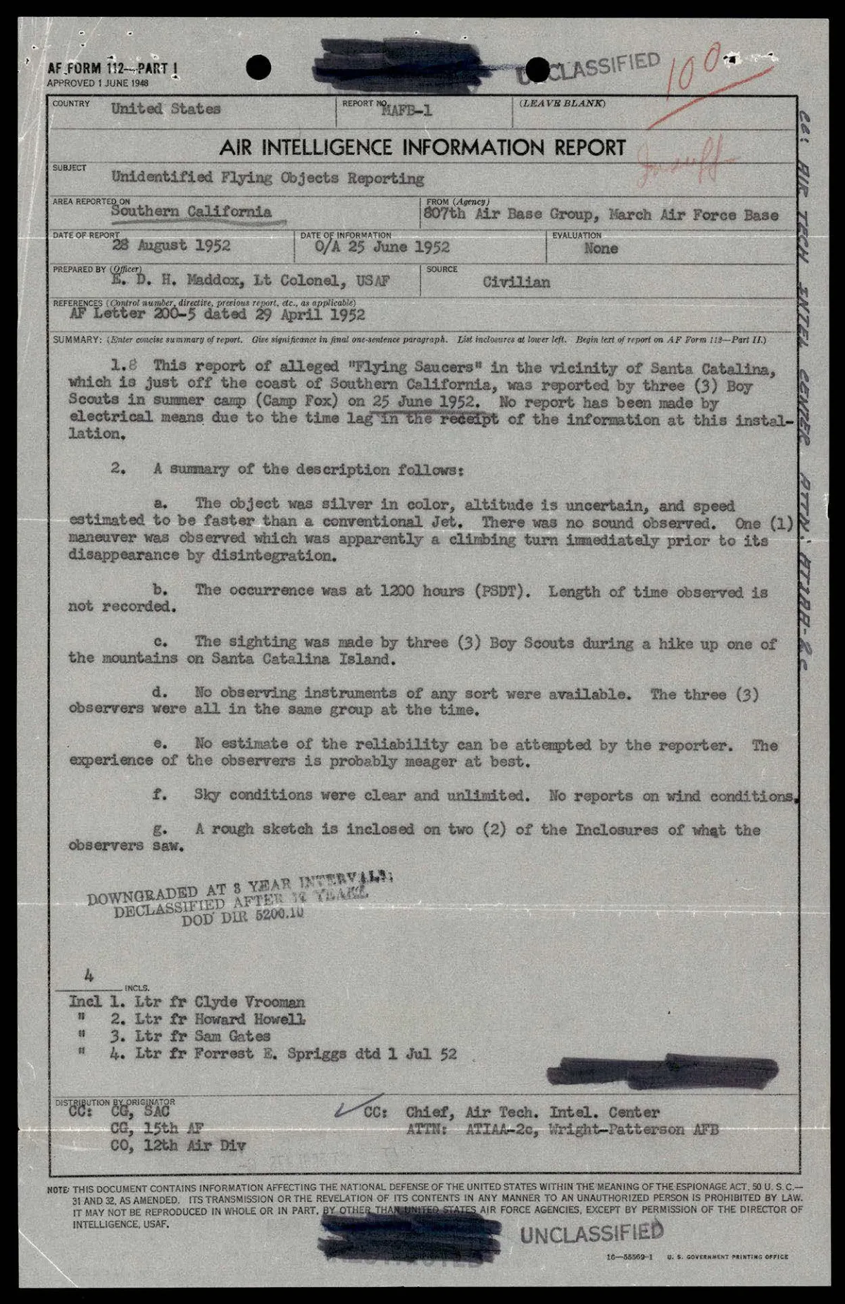 Raport AF Form 112 z 28 sierpnia 1952 roku o obserwacji nad Santa Catalina