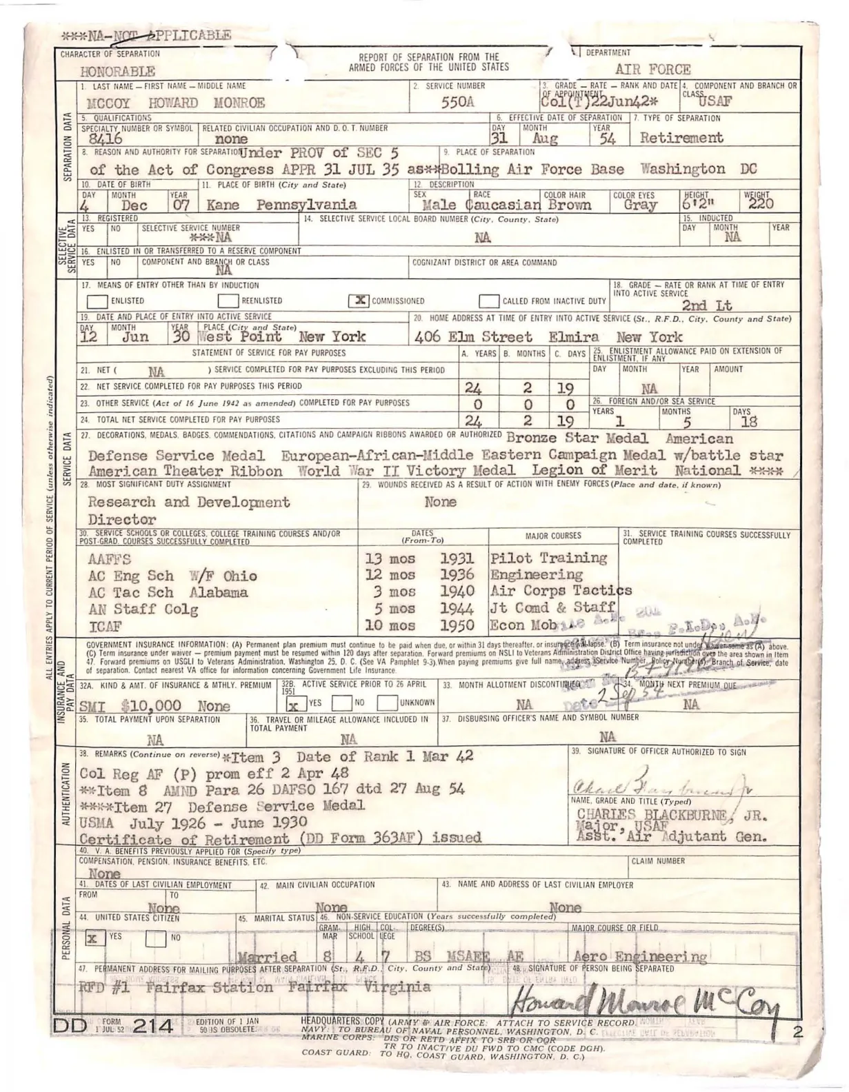 Formularz DD Form 214 ze zwolnienia płk. McCoya ze służby w 1954 roku
