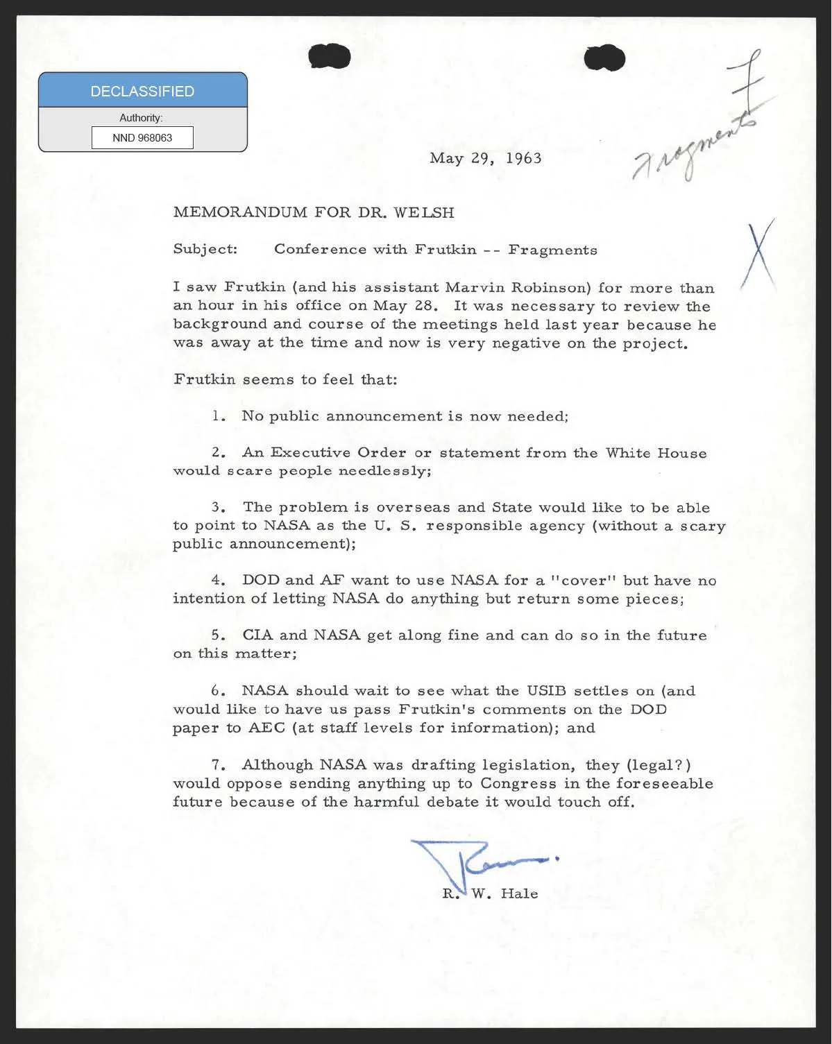 Memorandum R. W. Hale’a dla doktora Welsha o rozmowie z Arnoldem Frutkinem