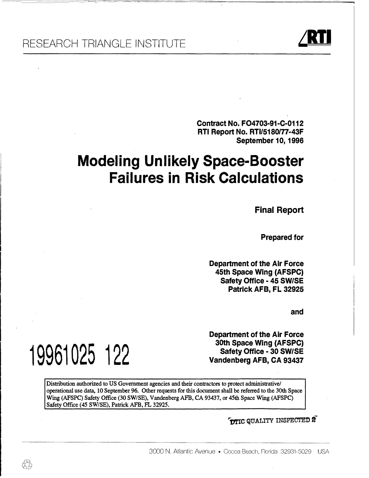 Okładka raportu RTI - Modeling Unlikely Space-Booster Failures, wrzesień 1996